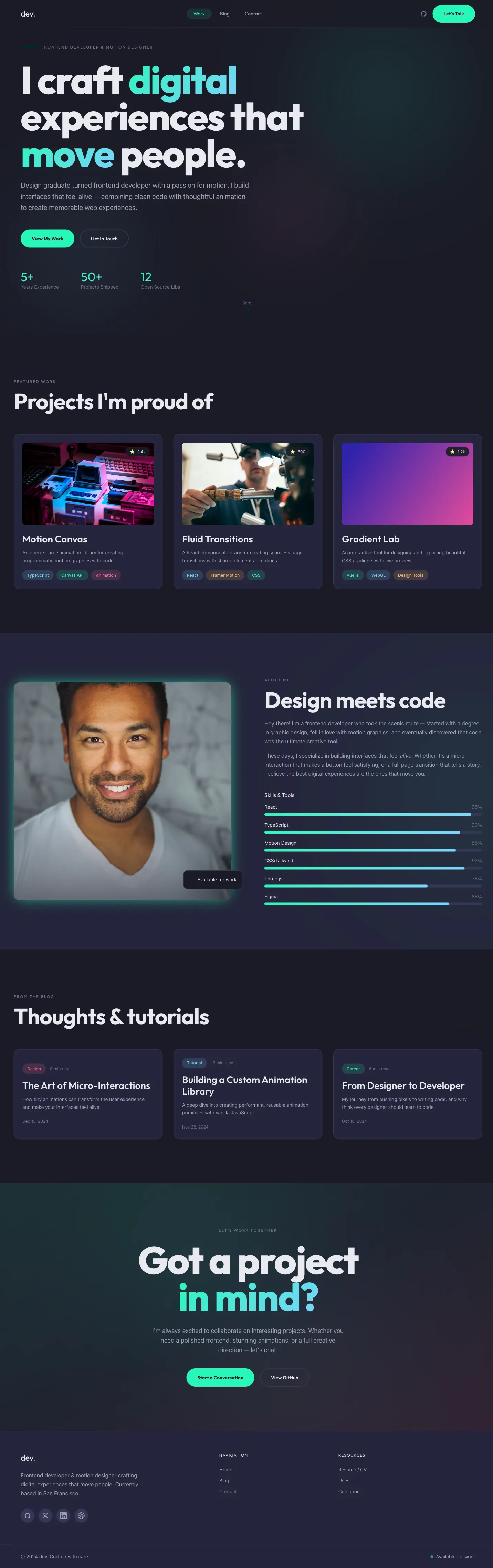 Home page design mockup of a developer's personal site